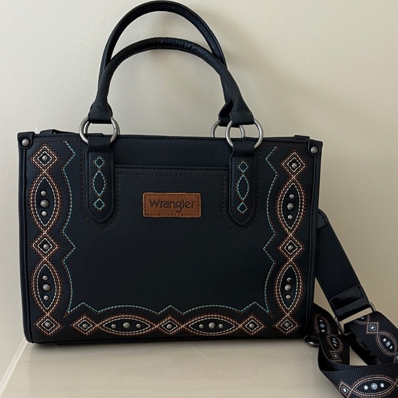 NWT Wrangler Black Satchel/Crossbody with Brown and Aqua Accents - Picture 2 of 8